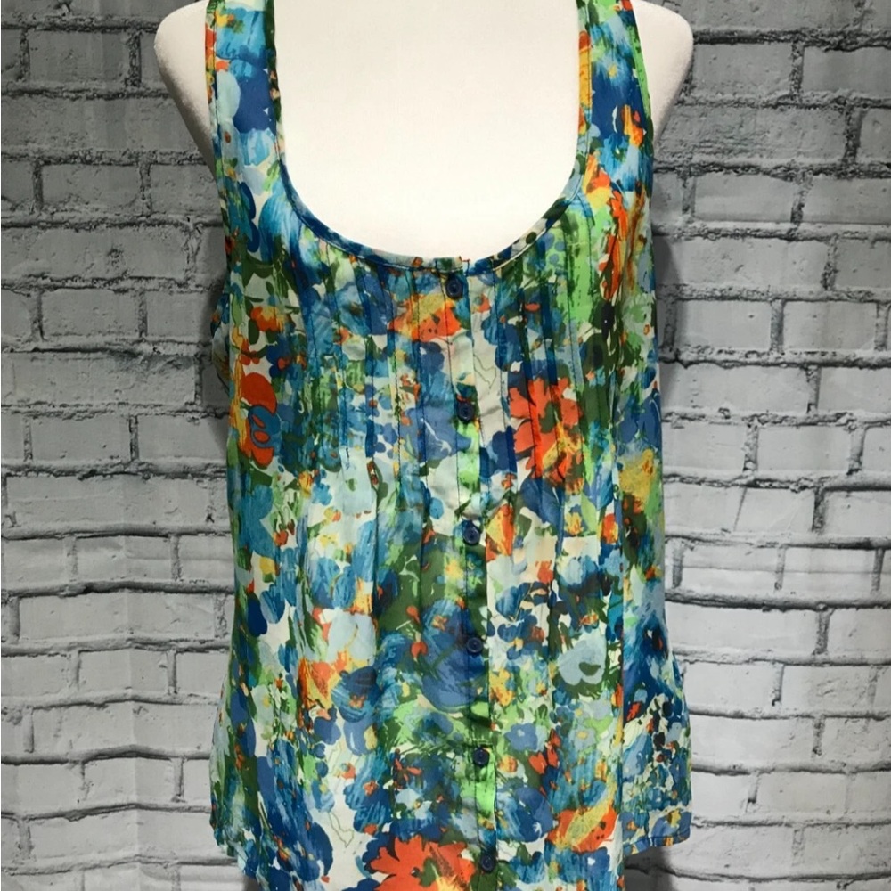 Ambiance Apparel Women's S Floral Multicolor Button Semi Sheer Sleeveless Blouse